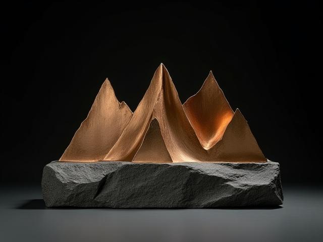 Bronze sculpture of mountain peaks with intricate detailing, natural stone base